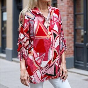ALI MILES WOVEN PRINT TUNIC WITH CINCH SLEEVES XL ABSTRACT PINK RED LAGENLOOK